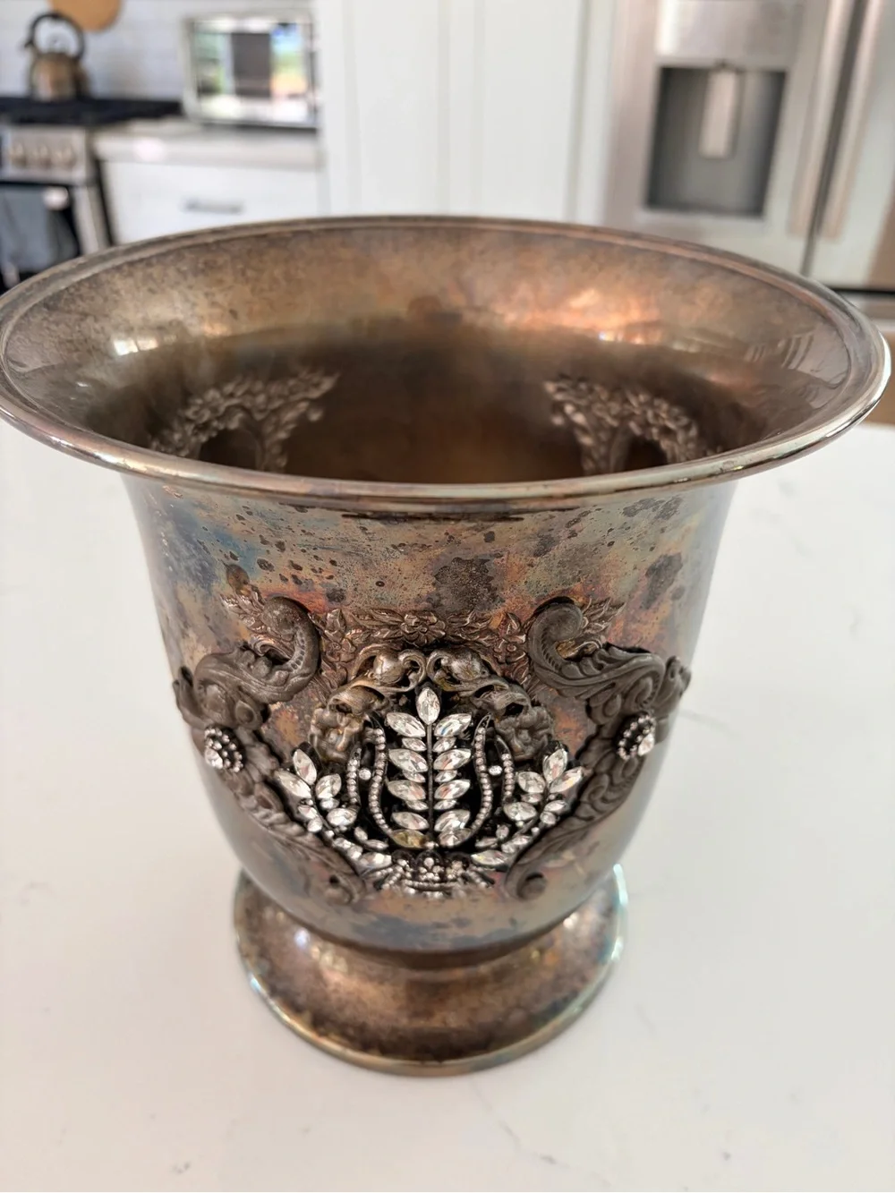 Vintage Silver-Tone Decorative wine bucket with Rhinestone Emblellishments